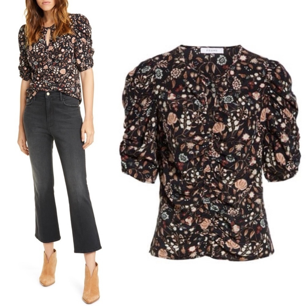 Frame Kate Ruched Puff Sleeve Floral Silk Top XS